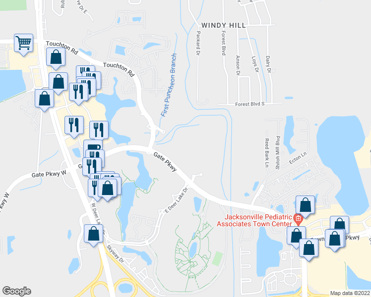 map of restaurants, bars, coffee shops, grocery stores, and more near 9825 Gate Parkway North in Jacksonville