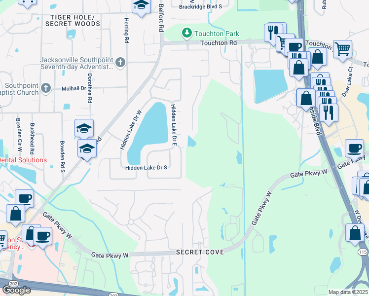 map of restaurants, bars, coffee shops, grocery stores, and more near 3507 Compass Rose Drive East in Jacksonville