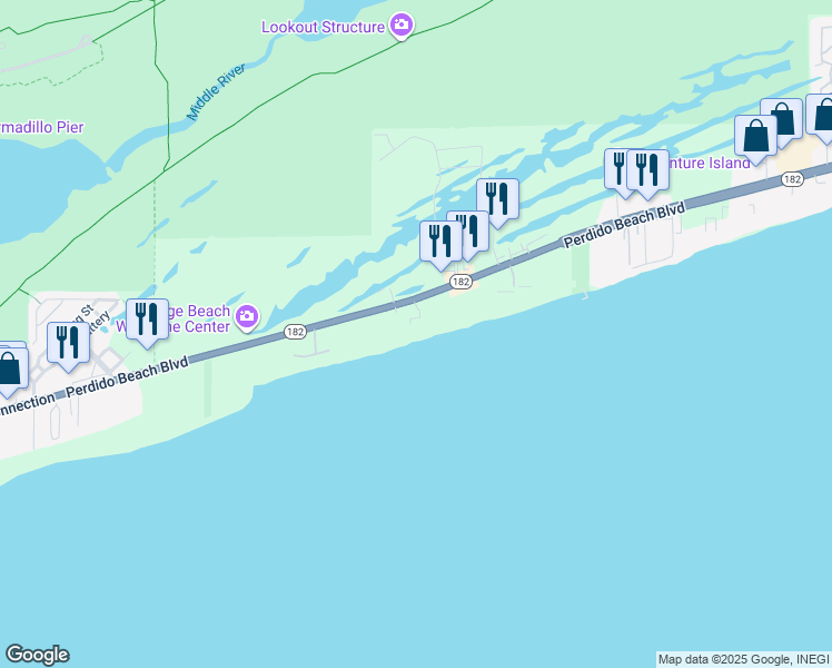map of restaurants, bars, coffee shops, grocery stores, and more near 24038 Perdido Beach Boulevard in Orange Beach