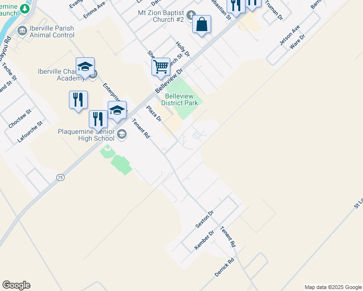 map of restaurants, bars, coffee shops, grocery stores, and more near 59401-59499 River West Drive in Plaquemine