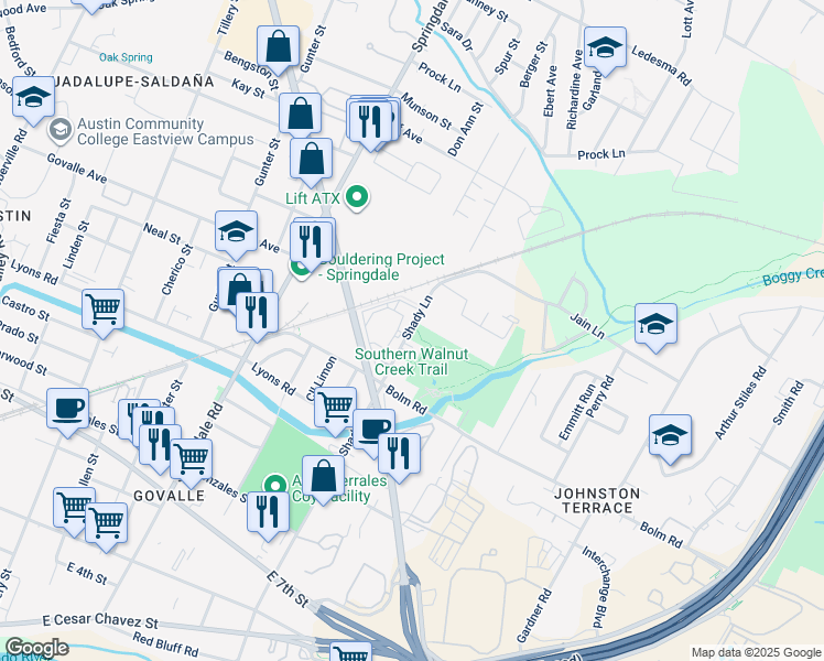 map of restaurants, bars, coffee shops, grocery stores, and more near 1115 Shady Lane in Austin