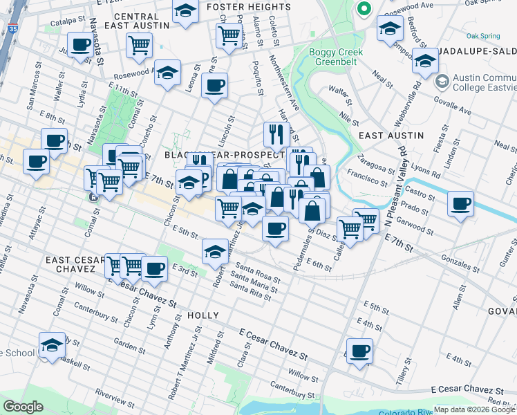 map of restaurants, bars, coffee shops, grocery stores, and more near 2200 East 7th Street in Austin