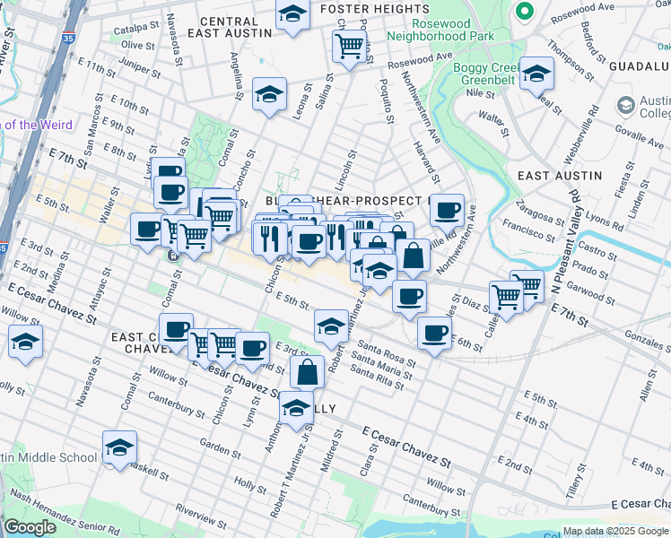 map of restaurants, bars, coffee shops, grocery stores, and more near 2006 East 6th Street in Austin