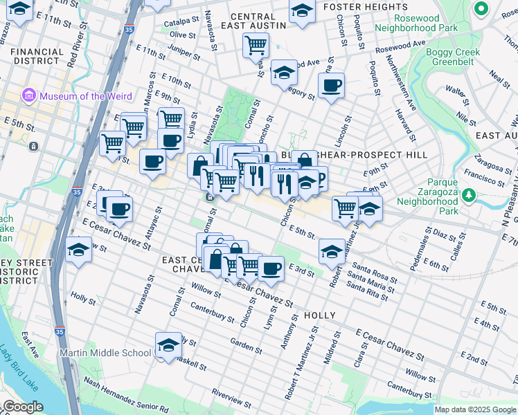 map of restaurants, bars, coffee shops, grocery stores, and more near 1700 East 4th Street in Austin