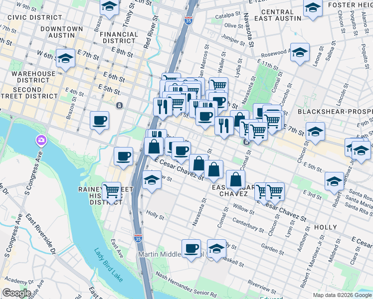 map of restaurants, bars, coffee shops, grocery stores, and more near 1106 East 2nd Street in Austin