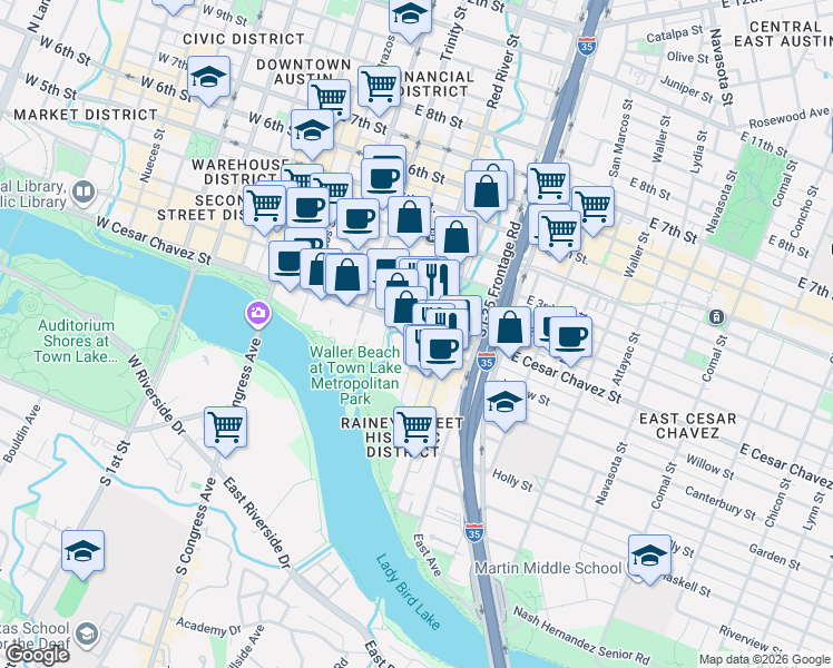 map of restaurants, bars, coffee shops, grocery stores, and more near 604 Driskill Street in Austin