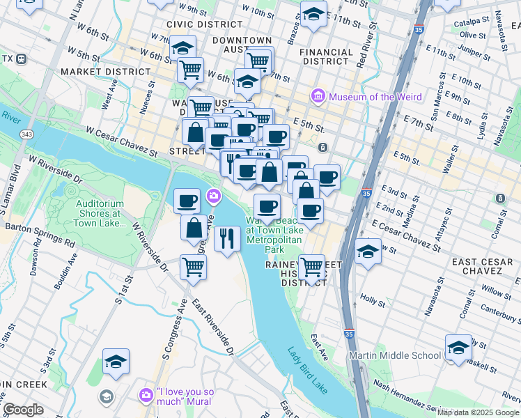 map of restaurants, bars, coffee shops, grocery stores, and more near 98 San Jacinto Boulevard in Austin