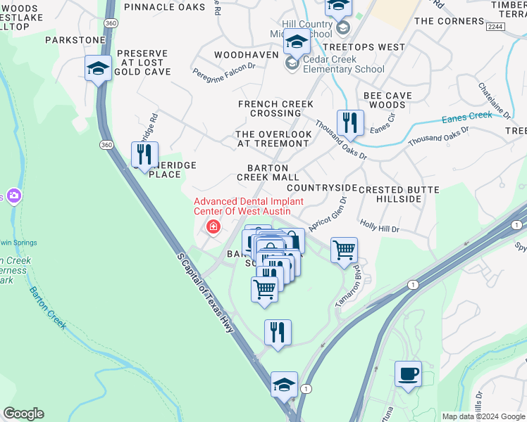 map of restaurants, bars, coffee shops, grocery stores, and more near 2329 Walsh Tarlton Ln in Austin