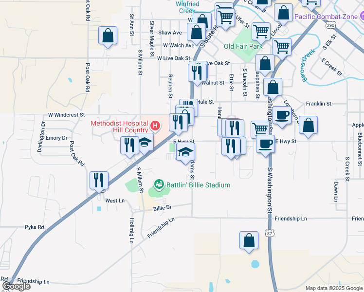 map of restaurants, bars, coffee shops, grocery stores, and more near 1110 South Adams Street in Fredericksburg