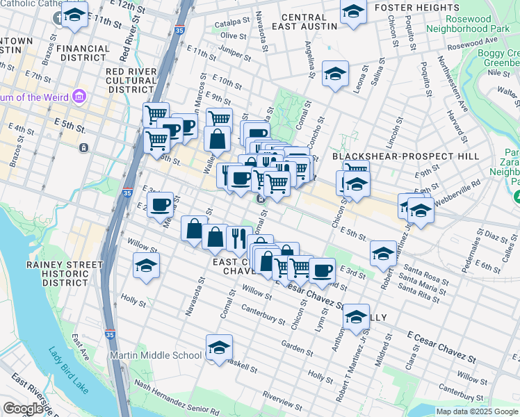 map of restaurants, bars, coffee shops, grocery stores, and more near 1508 East 4th Street in Austin