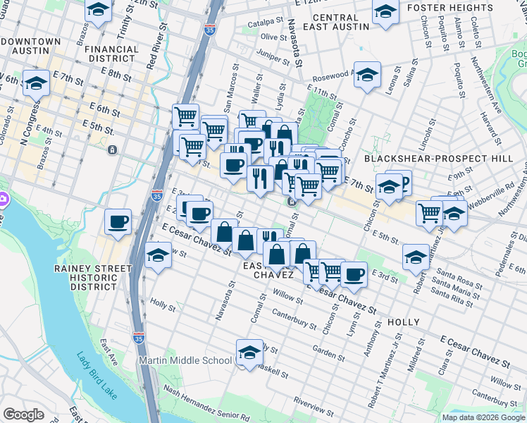 map of restaurants, bars, coffee shops, grocery stores, and more near 1401 East 4th Street in Austin