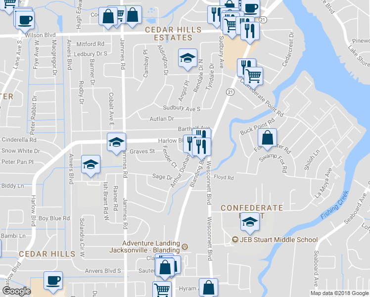 map of restaurants, bars, coffee shops, grocery stores, and more near 4335 Dazet Court in Jacksonville