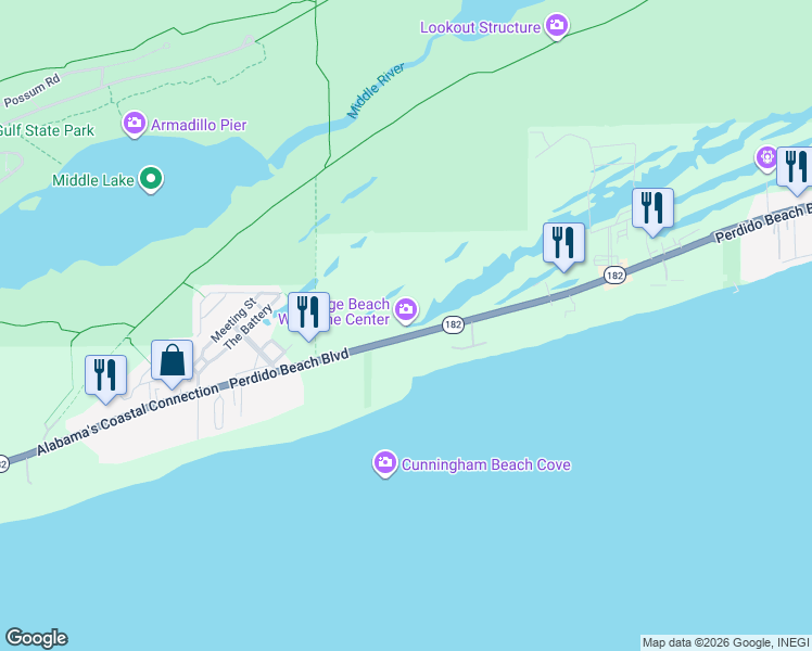 map of restaurants, bars, coffee shops, grocery stores, and more near 23685 Perdido Beach Boulevard in Orange Beach