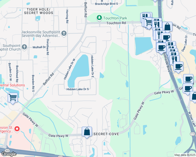 map of restaurants, bars, coffee shops, grocery stores, and more near 3507 Compass Rose Drive East in Jacksonville
