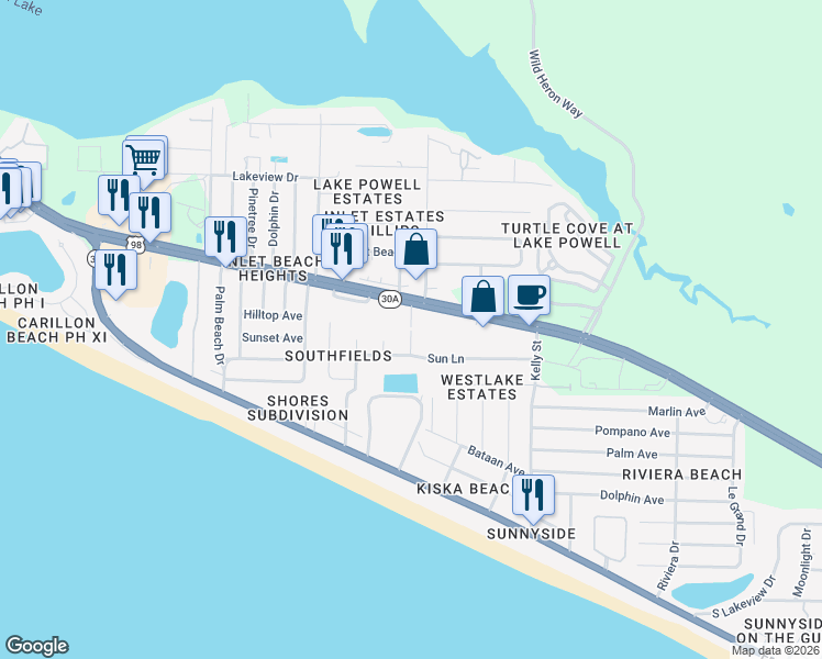 map of restaurants, bars, coffee shops, grocery stores, and more near 402 Florida Lane in Panama City Beach