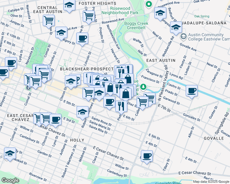 map of restaurants, bars, coffee shops, grocery stores, and more near 2321 East 7th Street in Austin
