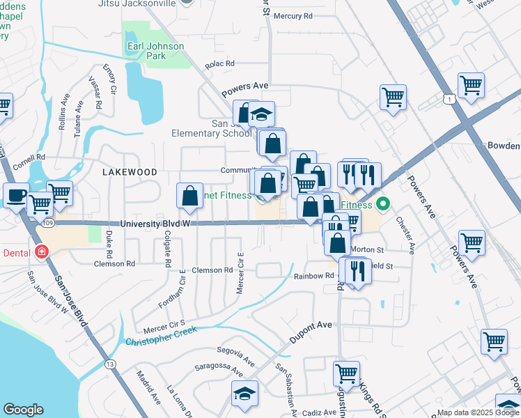 map of restaurants, bars, coffee shops, grocery stores, and more near 2601 University Boulevard West in Jacksonville