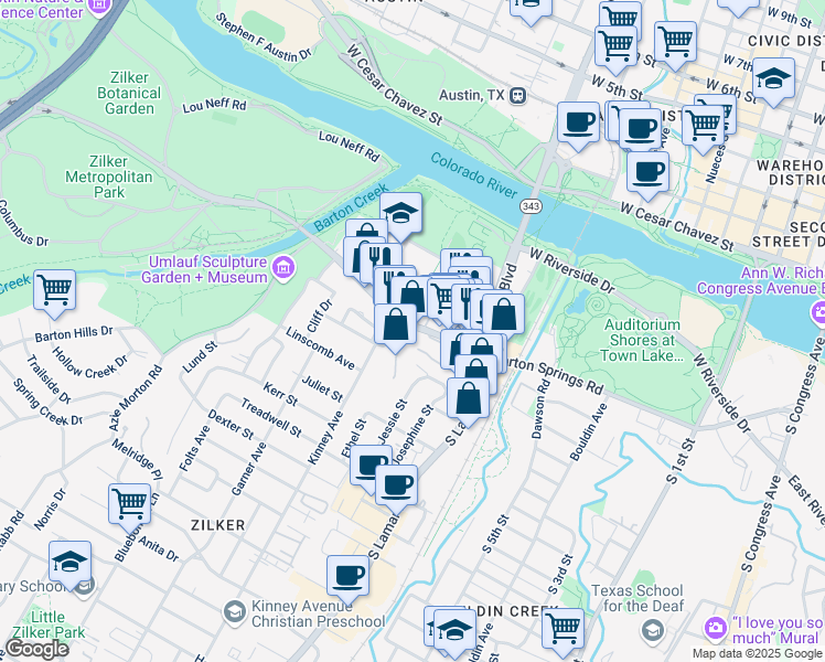 map of restaurants, bars, coffee shops, grocery stores, and more near 1525 Barton Springs Road in Austin