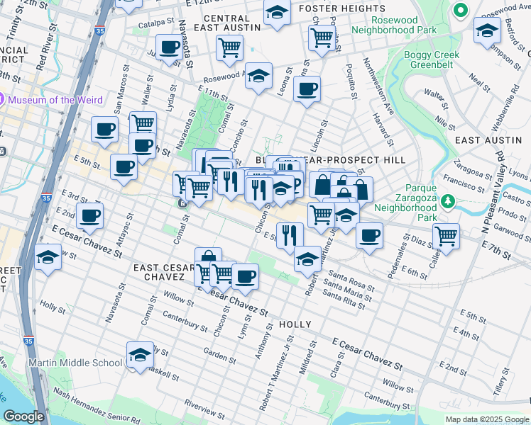 map of restaurants, bars, coffee shops, grocery stores, and more near in Austin