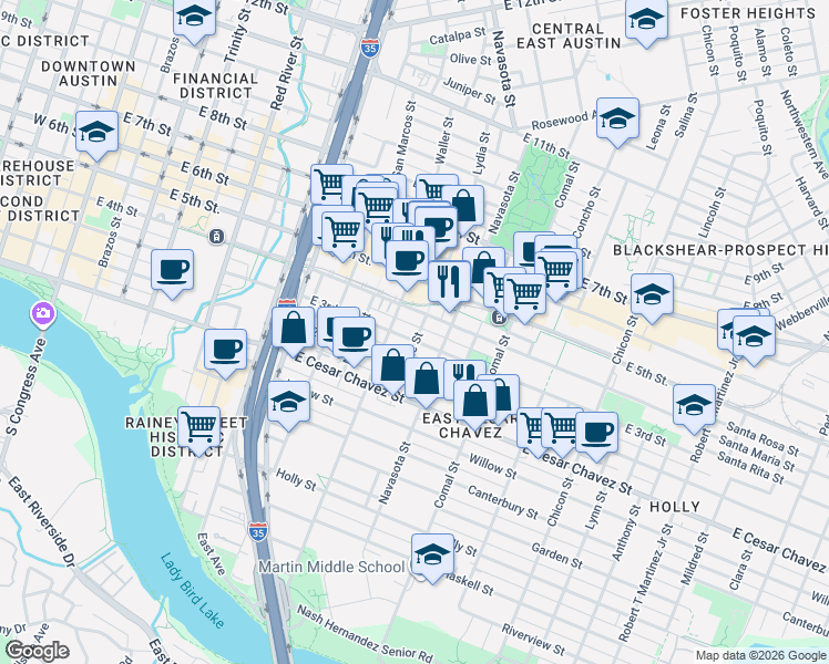 map of restaurants, bars, coffee shops, grocery stores, and more near 204 Attayac Street in Austin