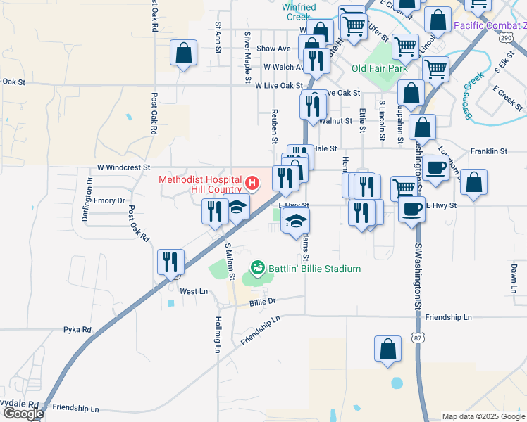 map of restaurants, bars, coffee shops, grocery stores, and more near 483 East Grand Oaks Drive in Fredericksburg