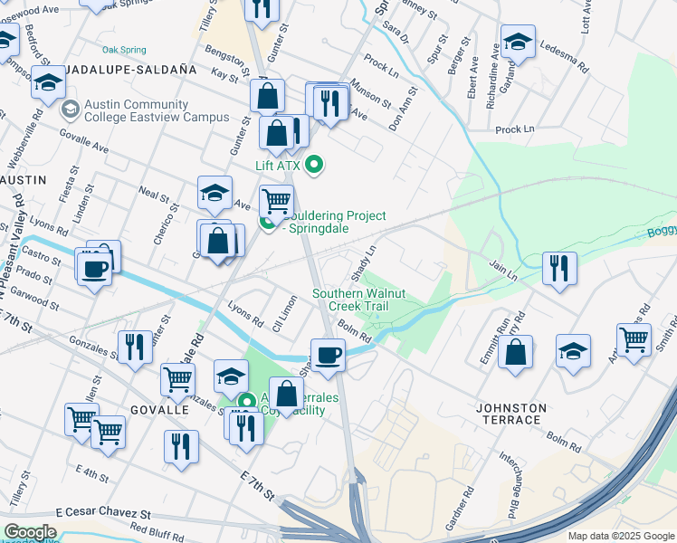 map of restaurants, bars, coffee shops, grocery stores, and more near 1105 Airport Boulevard in Austin