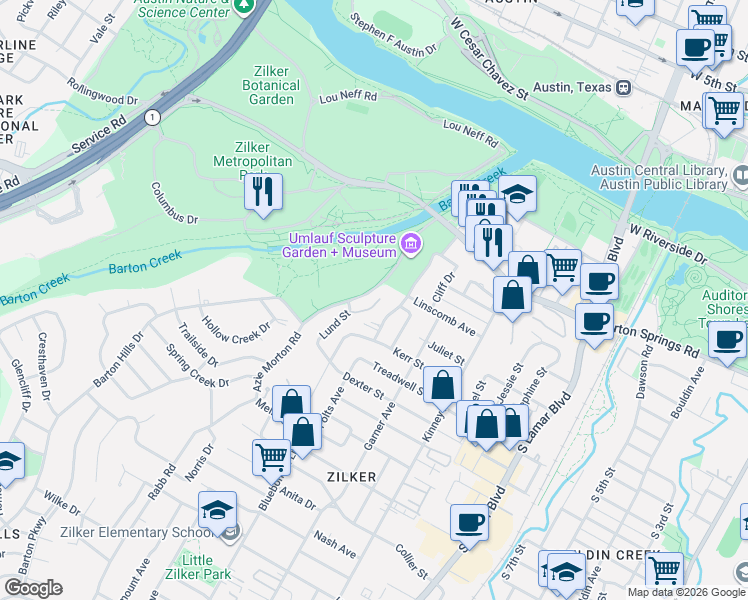 map of restaurants, bars, coffee shops, grocery stores, and more near 905 Lund Street in Austin