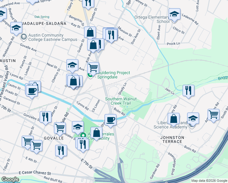 map of restaurants, bars, coffee shops, grocery stores, and more near 1120 Shady Lane in Austin