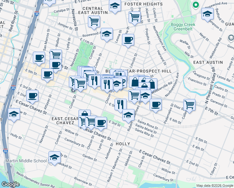 map of restaurants, bars, coffee shops, grocery stores, and more near 1914 East 6th Street in Austin