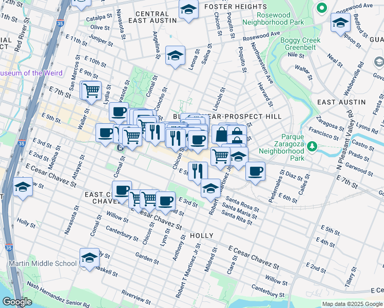 map of restaurants, bars, coffee shops, grocery stores, and more near 1914 East 6th Street in Austin