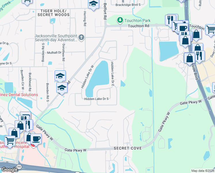 map of restaurants, bars, coffee shops, grocery stores, and more near 3505 Sloop Place in Jacksonville