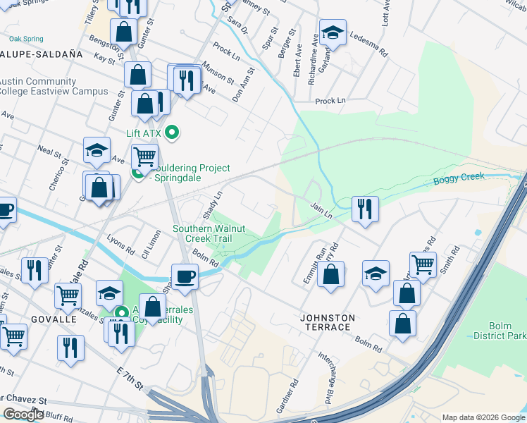 map of restaurants, bars, coffee shops, grocery stores, and more near Walnut Creek Hike and Bike Trail in Austin