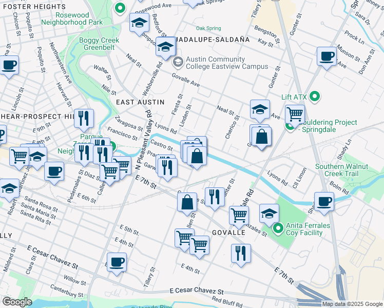 map of restaurants, bars, coffee shops, grocery stores, and more near 705 Tillery Street in Austin