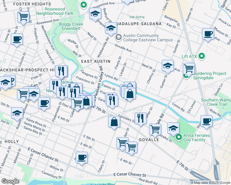 map of restaurants, bars, coffee shops, grocery stores, and more near 2921 Prado Street in Austin