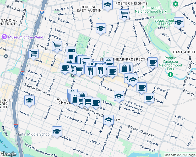 map of restaurants, bars, coffee shops, grocery stores, and more near 500 Chicon Street in Austin
