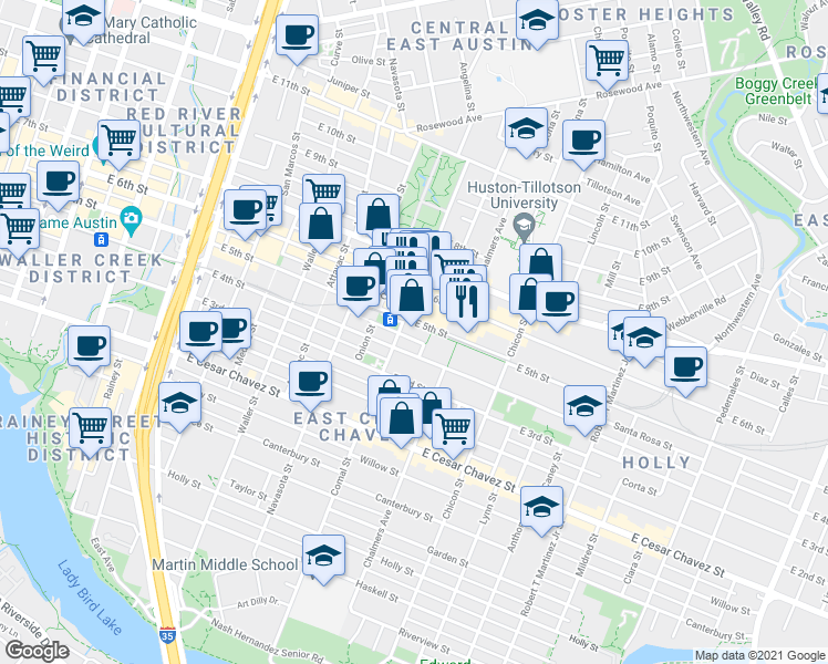 map of restaurants, bars, coffee shops, grocery stores, and more near 1610 East 4th Street in Austin