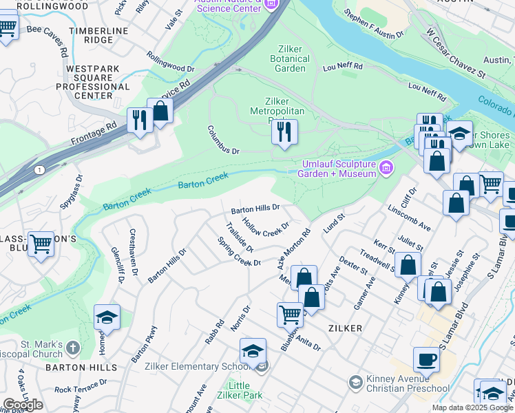 map of restaurants, bars, coffee shops, grocery stores, and more near 1300 Hollow Creek Drive in Austin