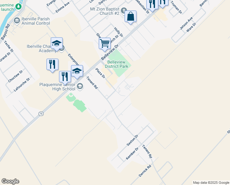 map of restaurants, bars, coffee shops, grocery stores, and more near 59499 River West Drive in Plaquemine