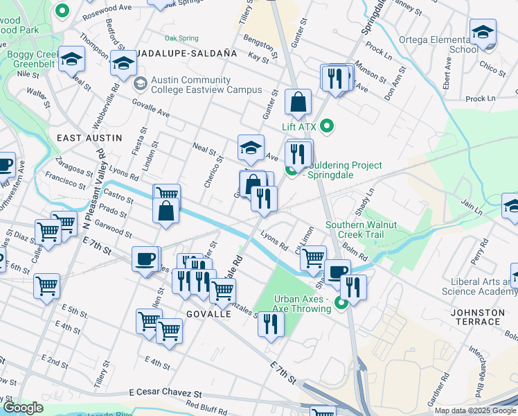 map of restaurants, bars, coffee shops, grocery stores, and more near 919 Springdale Road in Austin