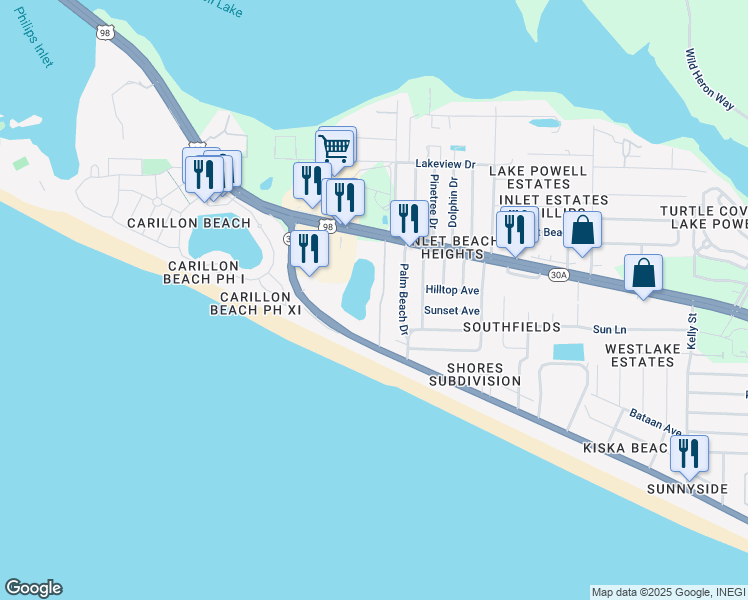 map of restaurants, bars, coffee shops, grocery stores, and more near 22811 Panama City Beach Parkway in Panama City Beach