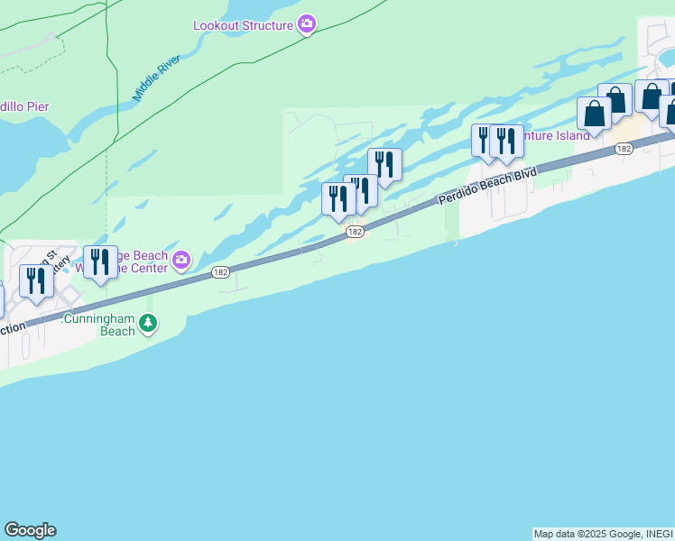 map of restaurants, bars, coffee shops, grocery stores, and more near 24132 Perdido Beach Boulevard in Orange Beach
