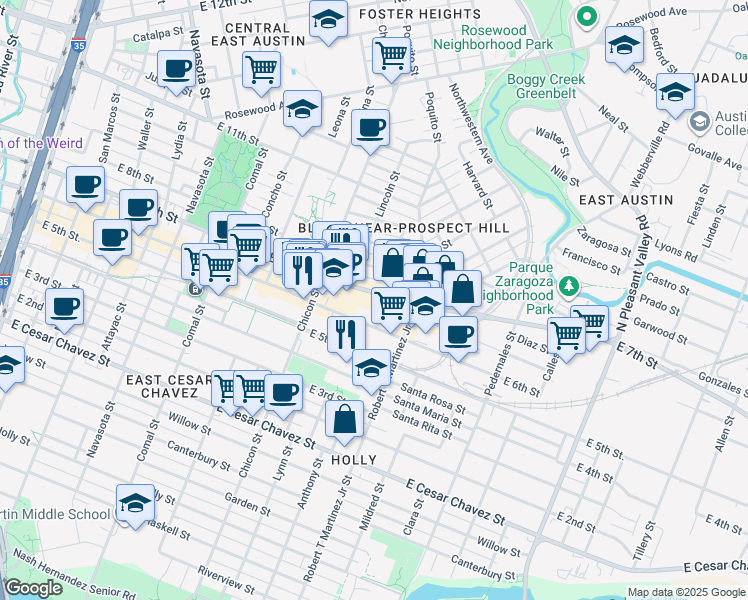 map of restaurants, bars, coffee shops, grocery stores, and more near 2025 East 7th Street in Austin
