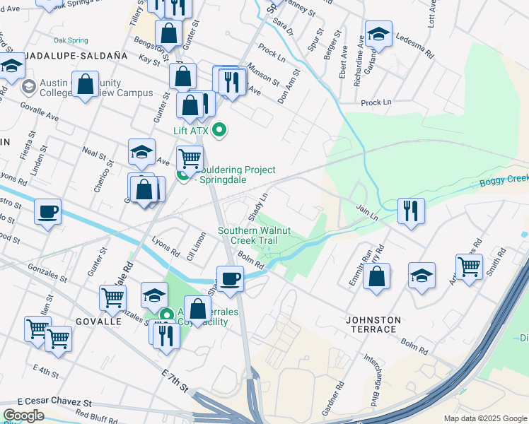 map of restaurants, bars, coffee shops, grocery stores, and more near 1142 Shady Lane in Austin