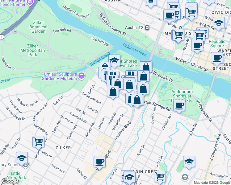map of restaurants, bars, coffee shops, grocery stores, and more near 1529 Barton Springs Road in Austin