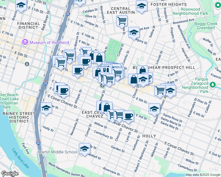 map of restaurants, bars, coffee shops, grocery stores, and more near 1601 East 5th Street in Austin