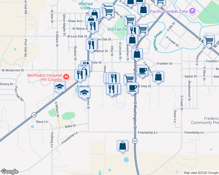 map of restaurants, bars, coffee shops, grocery stores, and more near 305 East Highway Street in Fredericksburg