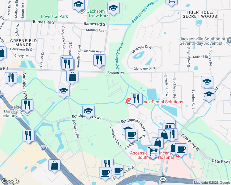 map of restaurants, bars, coffee shops, grocery stores, and more near 6680 Bennett Creek Drive in Jacksonville