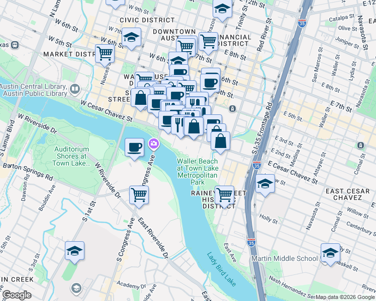 map of restaurants, bars, coffee shops, grocery stores, and more near 98 San Jacinto Boulevard in Austin