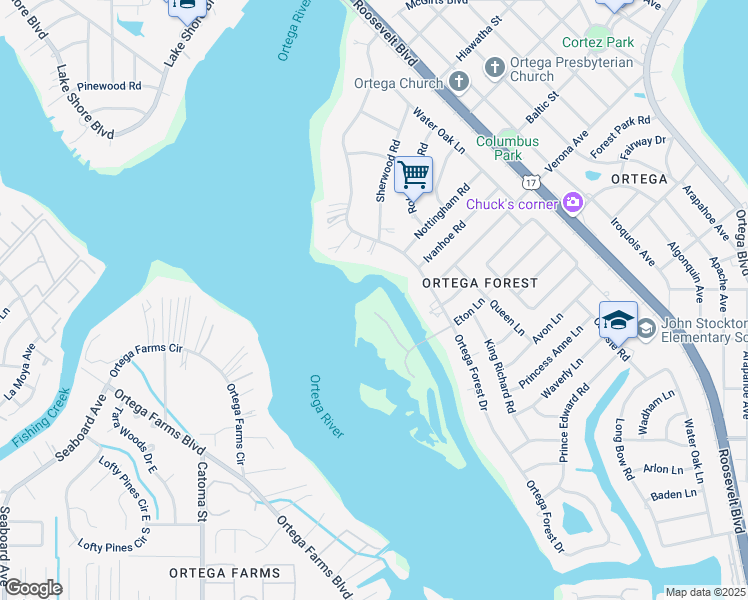 map of restaurants, bars, coffee shops, grocery stores, and more near 4480 Ortega Forest Drive in Jacksonville