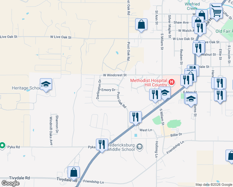 map of restaurants, bars, coffee shops, grocery stores, and more near 1024 Post Oak Road in Fredericksburg